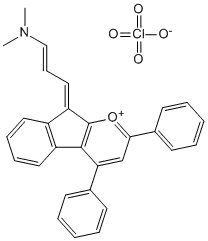 Molecular Structure of 141546-15-8 (9H-Indeno[2,1-b]pyrylium,9-[3-(dimethylamino)-2-propenylidene]-2,4-diphenyl-, perchlorate)